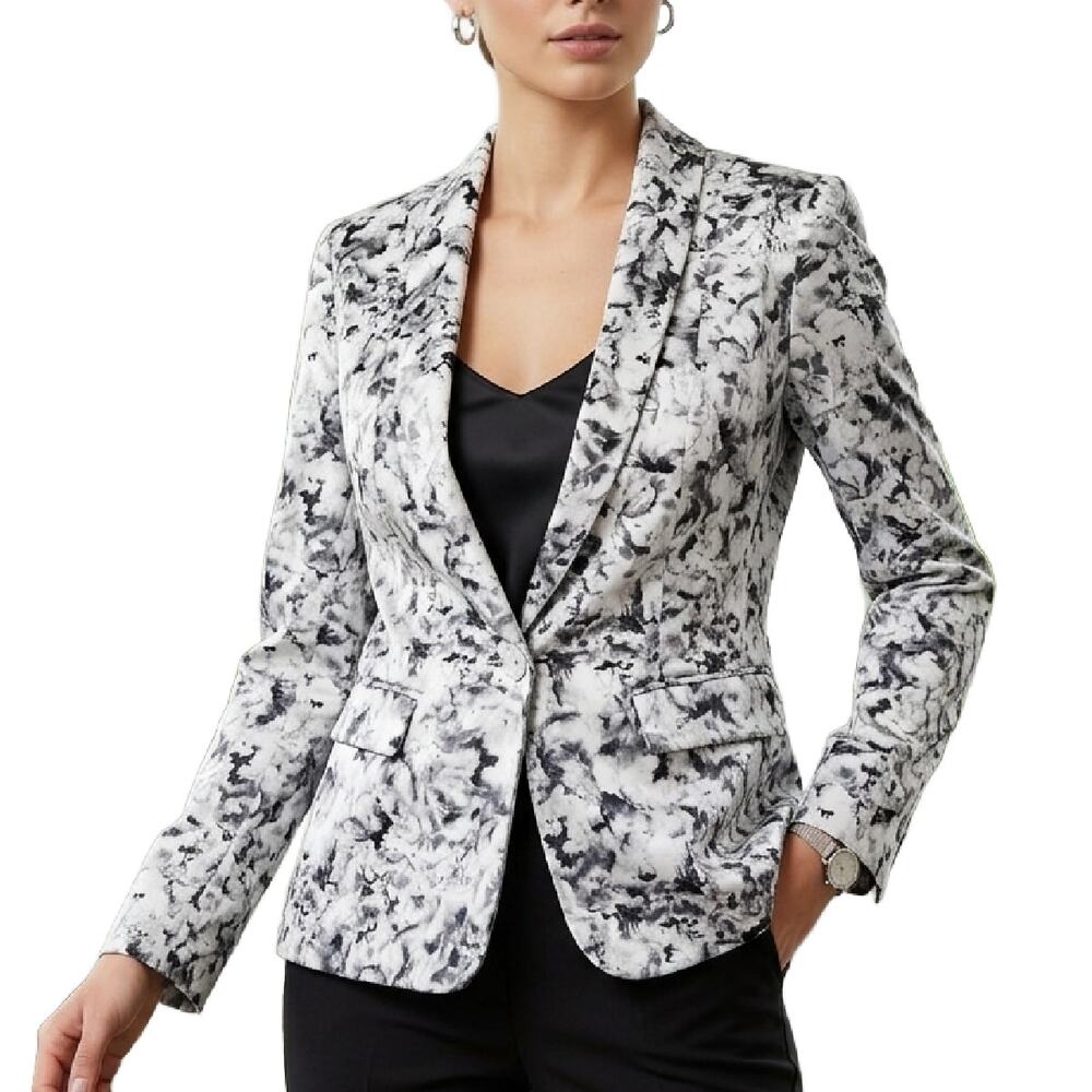 GUESS Black White Abstract Floral Blazer Satin Jacket Size 4 One Button Tailored